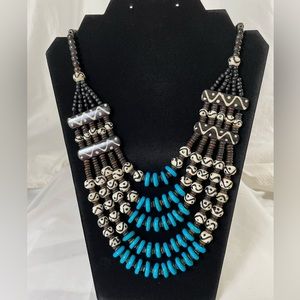 Beaded black, white and blue necklace, multi-tiered, very good condition, 28 in